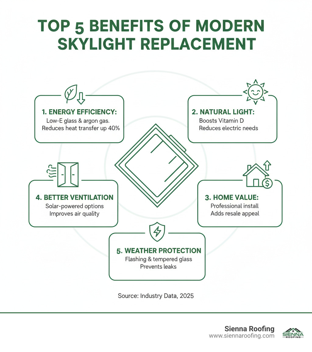 Infographic showing the top 5 benefits of modern skylight replacement: 1) Improved Energy Efficiency with Low-E glass and argon gas fills reducing heat transfer by up to 40%, 2) Abundant Natural Light increasing Vitamin D levels and reducing electric lighting needs, 3) Increased Home Value with professional installations adding resale appeal, 4) Better Ventilation with solar-powered venting options improving indoor air quality, and 5) Superior Weather Protection with modern flashing systems and tempered glass preventing leaks and damage - skylight replacement near me infographic Infographic showing the top 5 benefits of modern skylight replacement: 1) Improved Energy Efficiency with Low-E glass and argon gas fills reducing heat transfer by up to 40%, 2) Abundant Natural Light increasing Vitamin D levels and reducing electric lighting needs, 3) Increased Home Value with professional installations adding resale appeal, 4) Better Ventilation with solar-powered venting options improving indoor air quality, and 5) Superior Weather Protection with modern flashing systems and tempered glass preventing leaks and damage - skylight replacement near me infographic