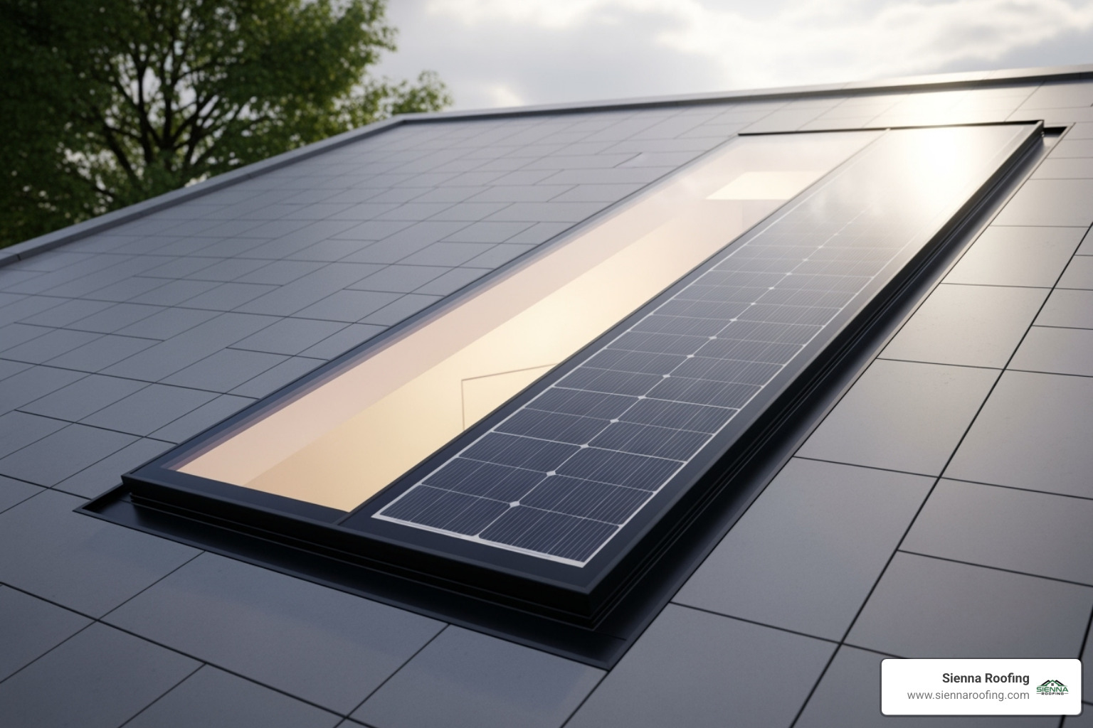 Image of a solar panel integrated discreetly onto a modern skylight, showcasing its sleek design and energy-generating capability. - skylight replacement near me Image of a solar panel integrated discreetly onto a modern skylight, showcasing its sleek design and energy-generating capability. - skylight replacement near me