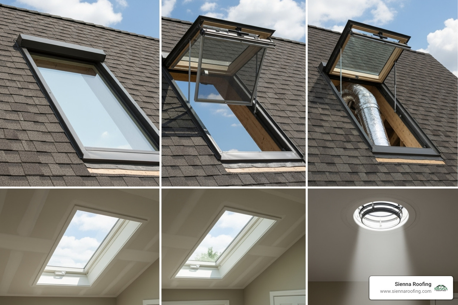 Image of different skylight types side-by-side: a fixed skylight, a vented skylight, and a sun tunnel, showcasing their distinct appearances. - skylight replacement near me Image of different skylight types side-by-side: a fixed skylight, a vented skylight, and a sun tunnel, showcasing their distinct appearances. - skylight replacement near me