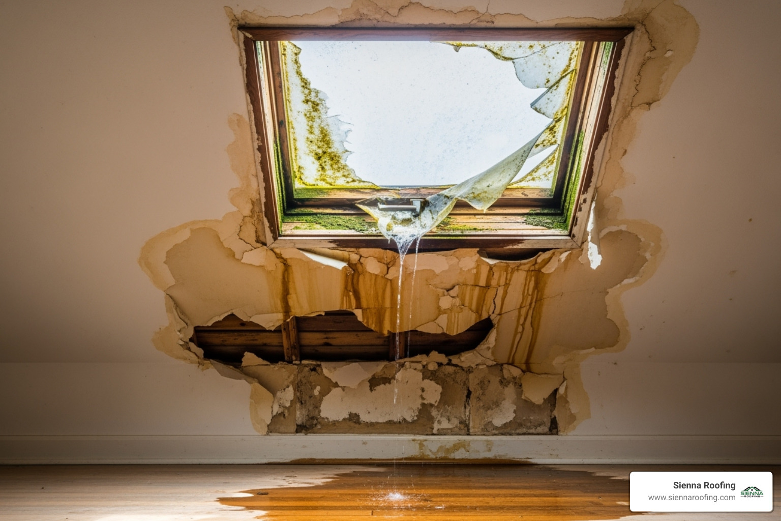 A leaking, damaged old skylight with visible water stains on the ceiling below, showing signs of severe water damage. - skylight replacement near me A leaking, damaged old skylight with visible water stains on the ceiling below, showing signs of severe water damage. - skylight replacement near me