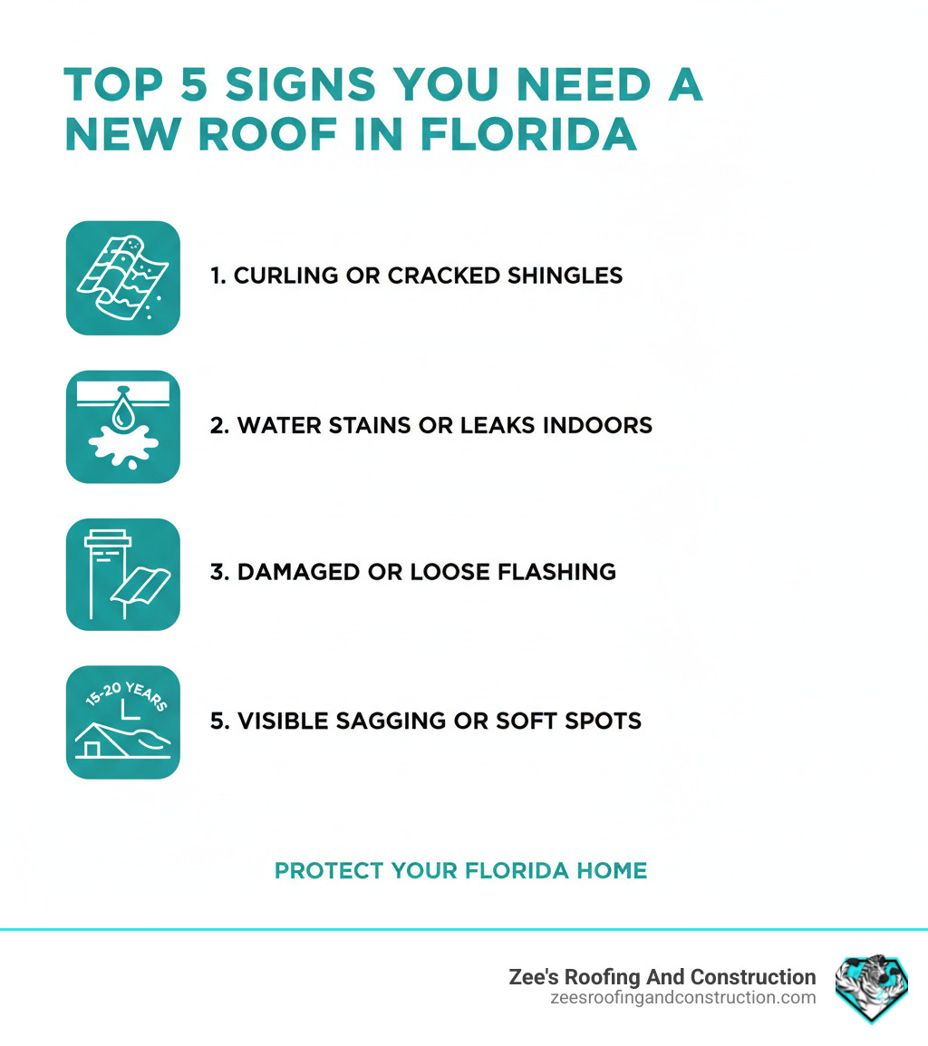 Infographic showing the top 5 signs you need a new roof in Florida: 1) Curling or cracked shingles with missing granules, 2) Water stains or leaks on interior ceilings, 3) Damaged or loose flashing around chimneys and vents, 4) Roof age exceeding 15-20 years, 5) Visible sagging or soft spots on the roof deck - florida roofer infographic 