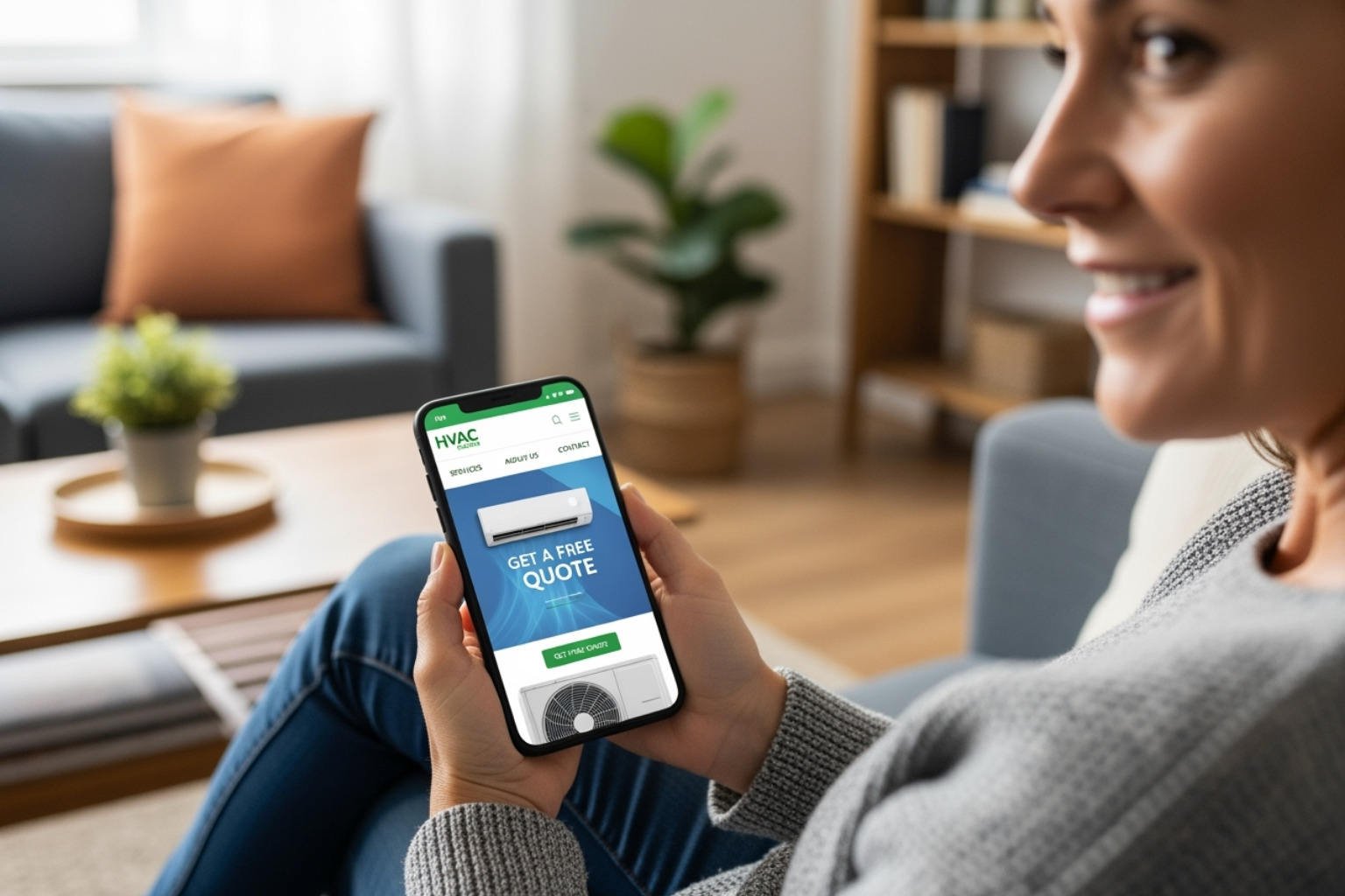 A homeowner looking at an HVAC company's website on their smartphone - marketing for hvac contractors A homeowner looking at an HVAC company's website on their smartphone - marketing for hvac contractors