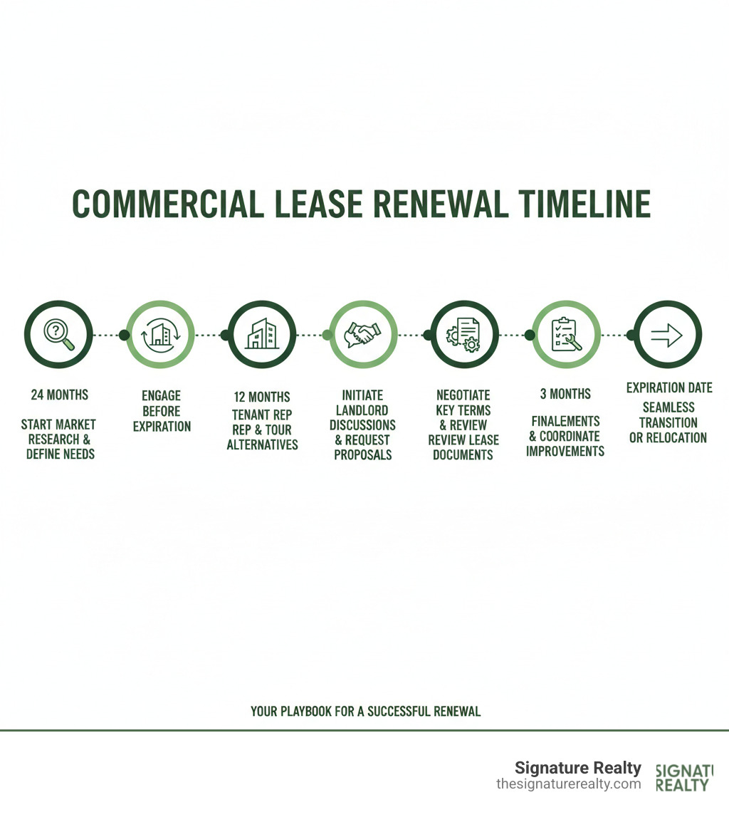 infographic showing commercial lease renewal timeline with key milestones: 24 months before expiration start market research and define needs, 18 months engage tenant rep broker and tour alternatives, 12 months initiate landlord discussions and request proposals, 6 months negotiate key terms and review lease documents, 3 months finalize agreements and coordinate improvements, expiration date seamless transition or relocation - how to negotiate a commercial lease renewal infographic infographic showing commercial lease renewal timeline with key milestones: 24 months before expiration start market research and define needs, 18 months engage tenant rep broker and tour alternatives, 12 months initiate landlord discussions and request proposals, 6 months negotiate key terms and review lease documents, 3 months finalize agreements and coordinate improvements, expiration date seamless transition or relocation - how to negotiate a commercial lease renewal infographic