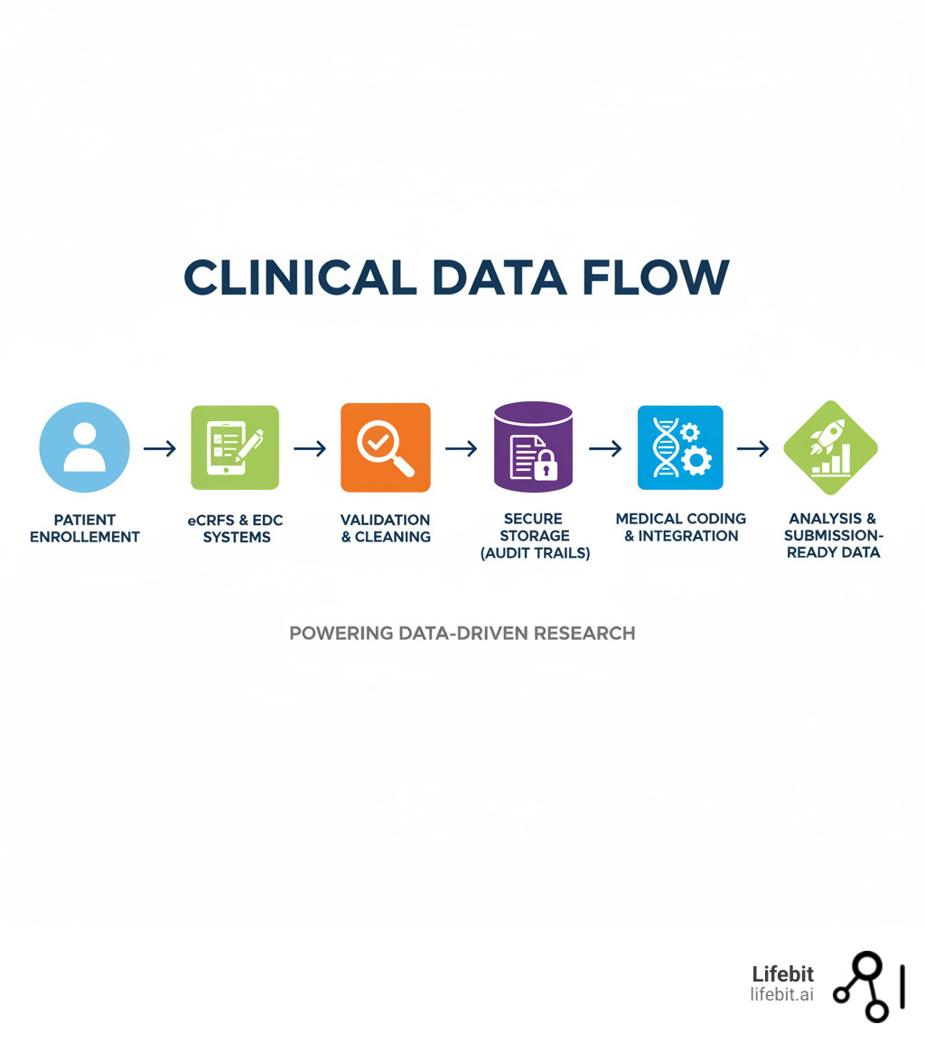 Infographic showing the flow of clinical trial data from patient enrollment through eCRFs and EDC systems, validation and cleaning processes, regulatory-compliant storage with audit trails, medical coding and integration with external systems, and final analysis and submission-ready datasets - Clinical data management system infographic 