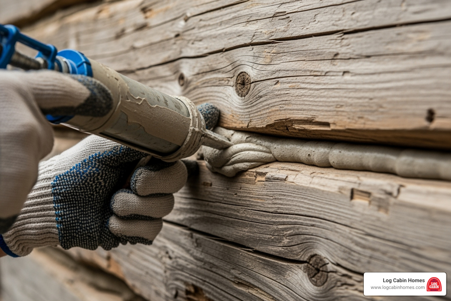 A person actively applying new chinking to a log wall - log cabin chinking repair