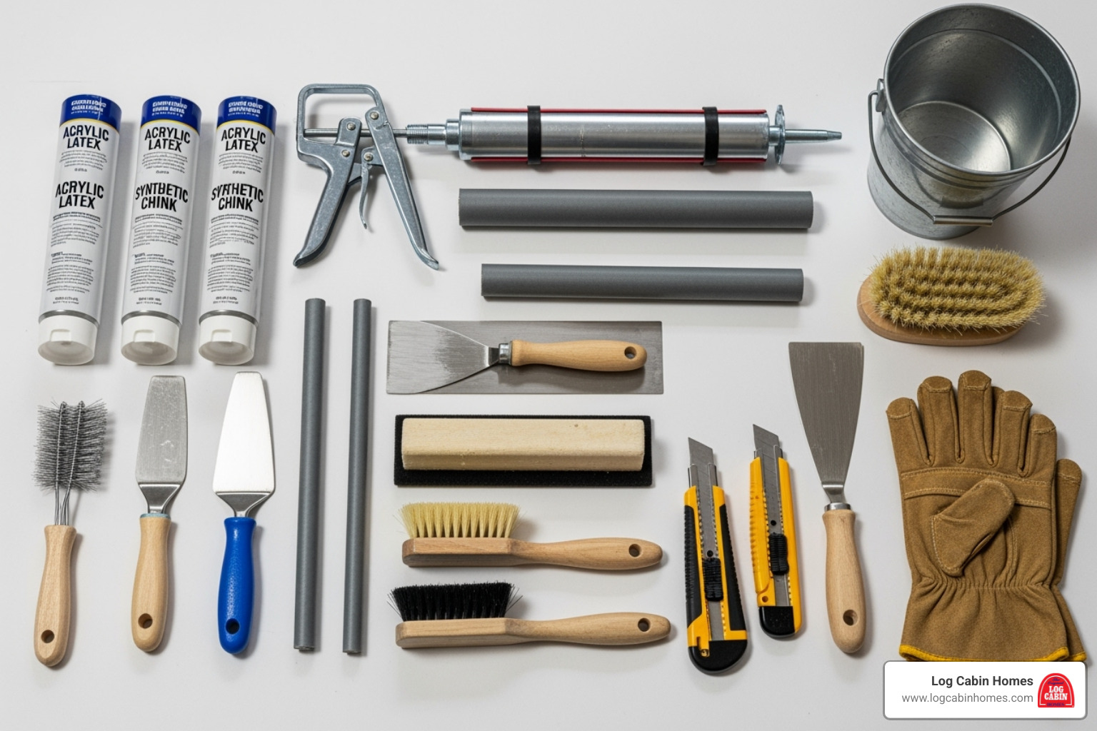 All the necessary tools and materials for chinking repair laid out neatly - log cabin chinking repair