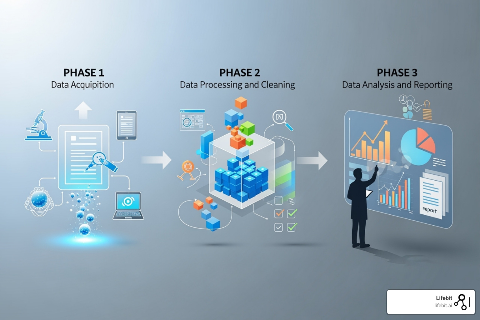 Illustration of the three stages of clinical data management - Clinical data management system