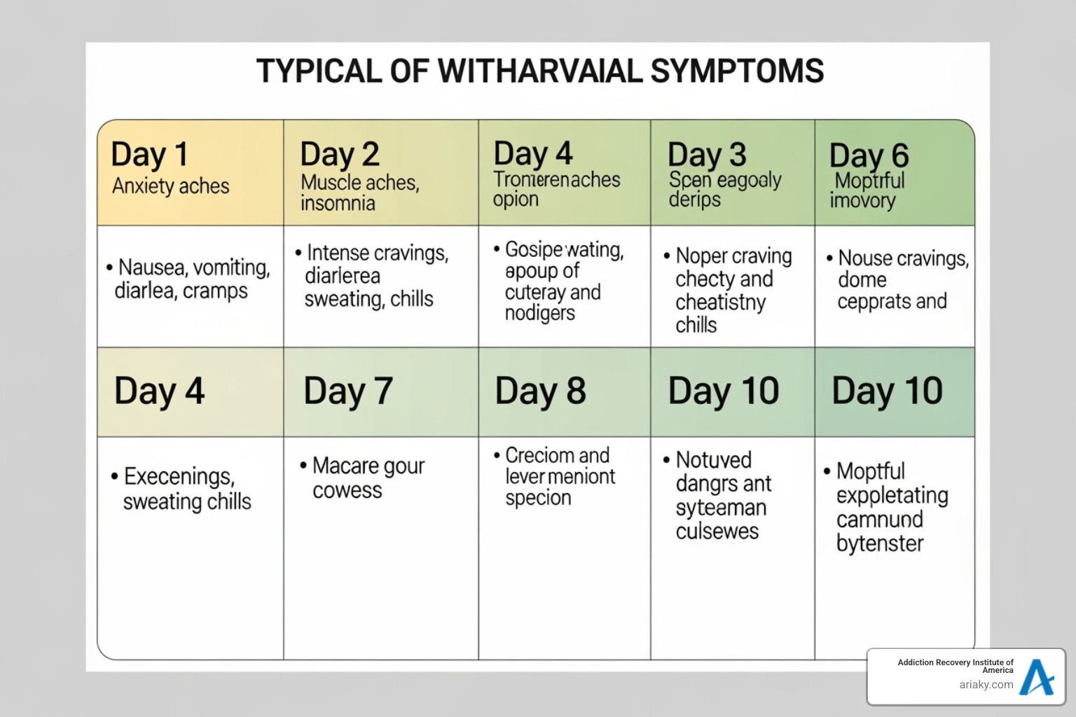 calendar illustrating the typical timeline of heroin withdrawal symptoms over a 10-day period - heroin detox calendar illustrating the typical timeline of heroin withdrawal symptoms over a 10-day period - heroin detox