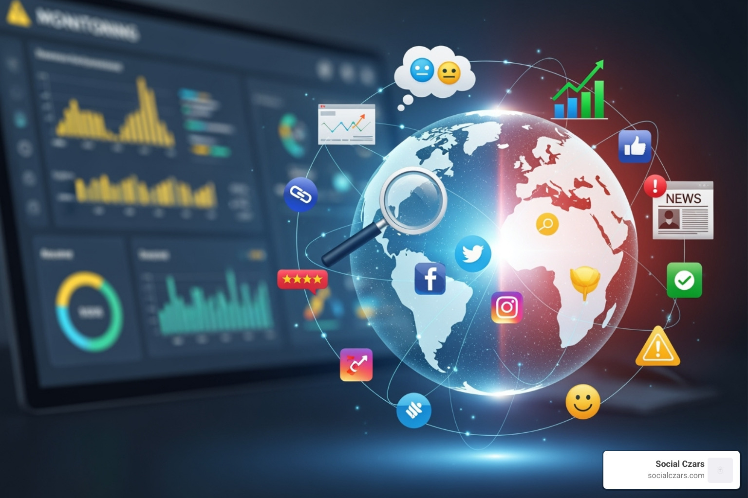 A dashboard showing various monitoring metrics like sentiment, mentions, and keyword rankings - Online reputation monitoring A dashboard showing various monitoring metrics like sentiment, mentions, and keyword rankings - Online reputation monitoring