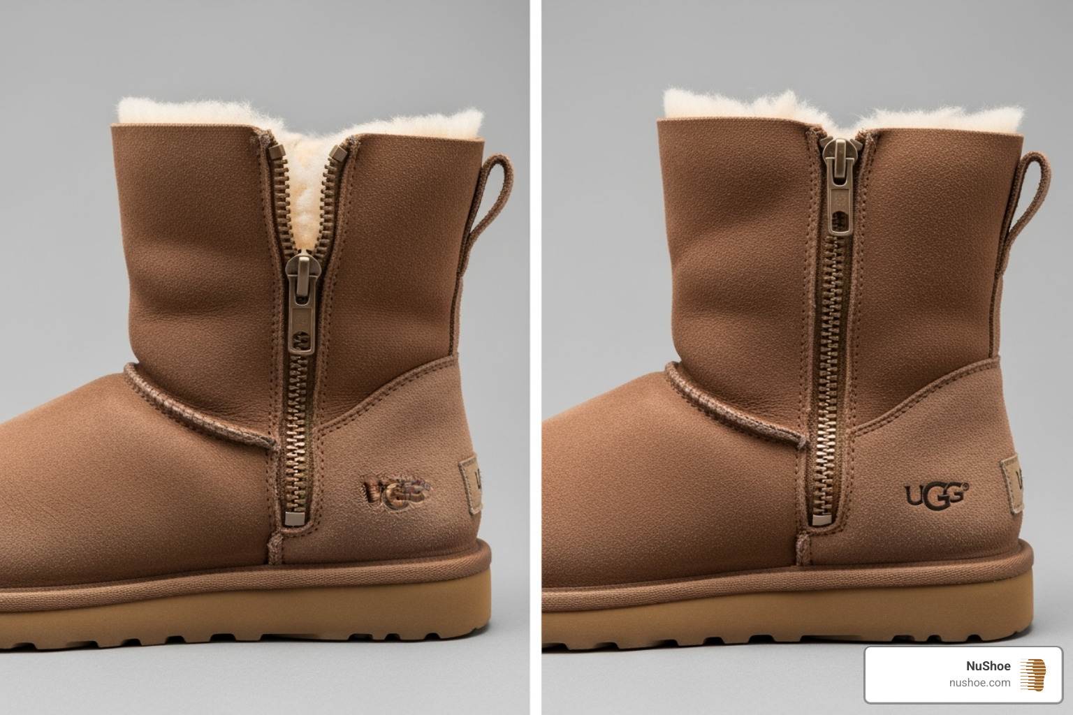 before-and-after shot of a repaired UGG boot from the UGGrenew program - ugg zipper replacement before-and-after shot of a repaired UGG boot from the UGGrenew program - ugg zipper replacement