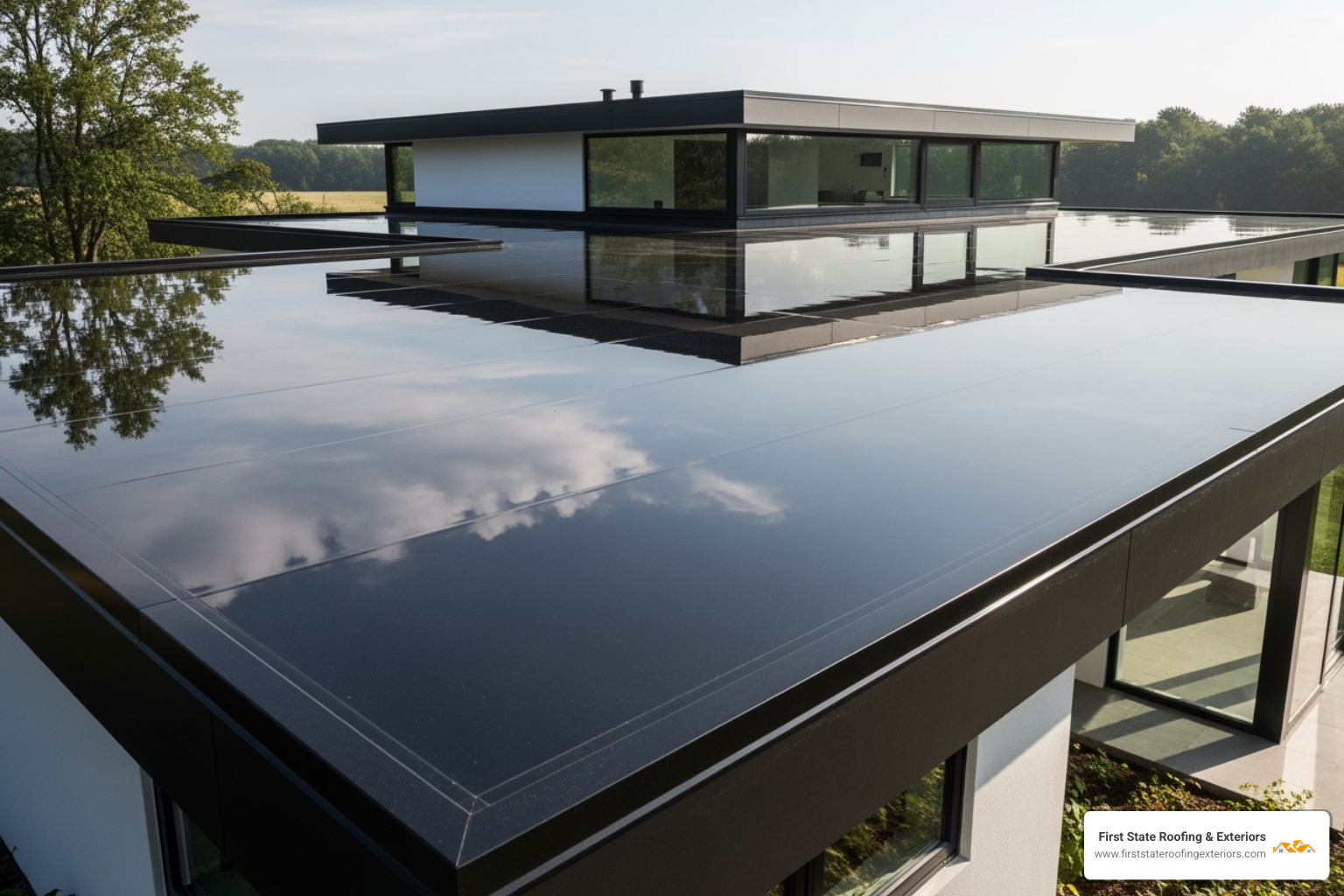 A sleek, modern home with a fibreglass flat roof in a custom dark gray color, reflecting the sky. The roof is clean and well-maintained, highlighting its seamless finish and contemporary aesthetic. - fibreglass roofers near me