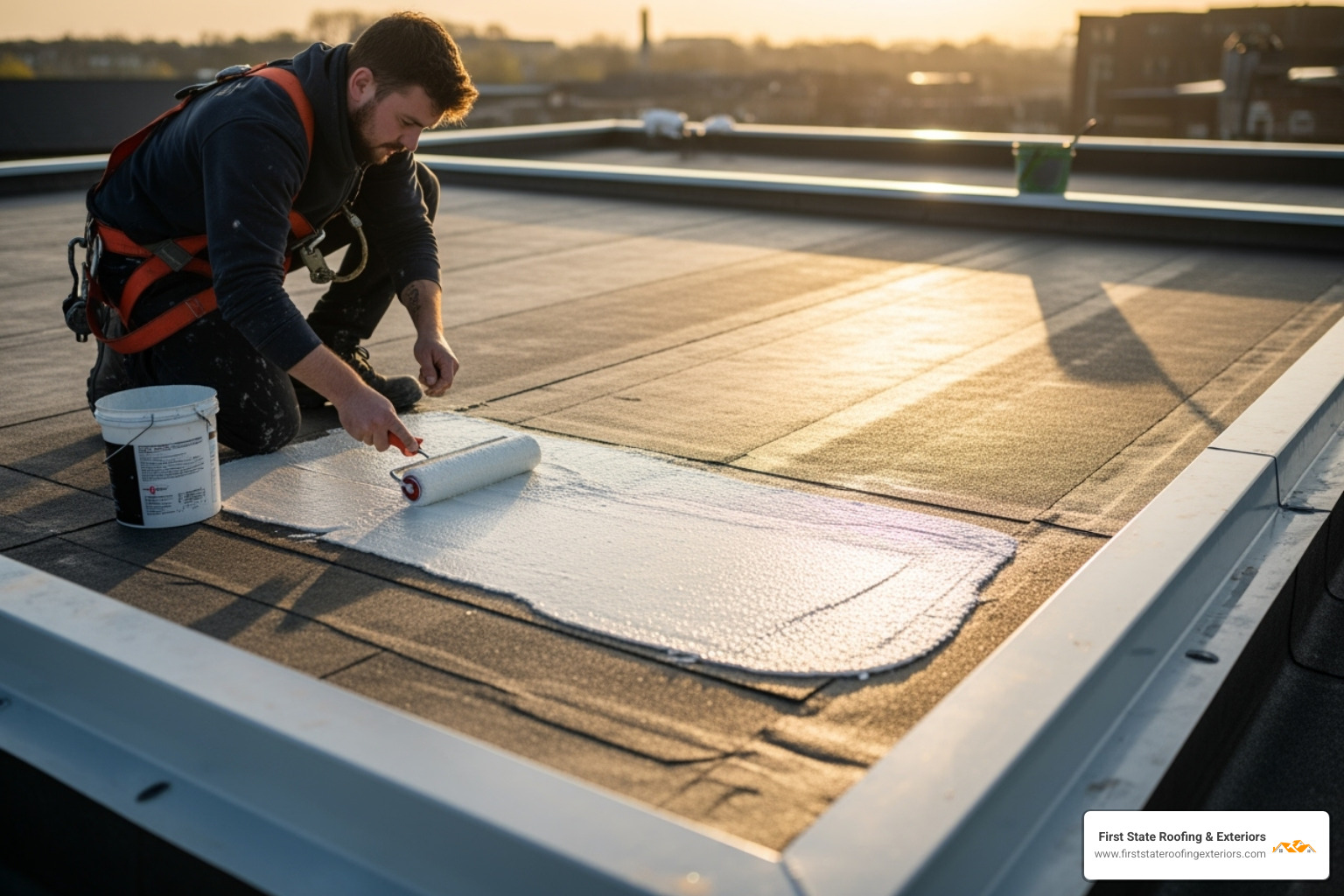 A roofer, wearing a safety harness, carefully applying liquid resin to a fibreglass mat laid out on a prepared roof deck. The roofer uses a roller to ensure even saturation and remove air bubbles, with GRP edge trims visible at the roof's perimeter. - fibreglass roofers near me
