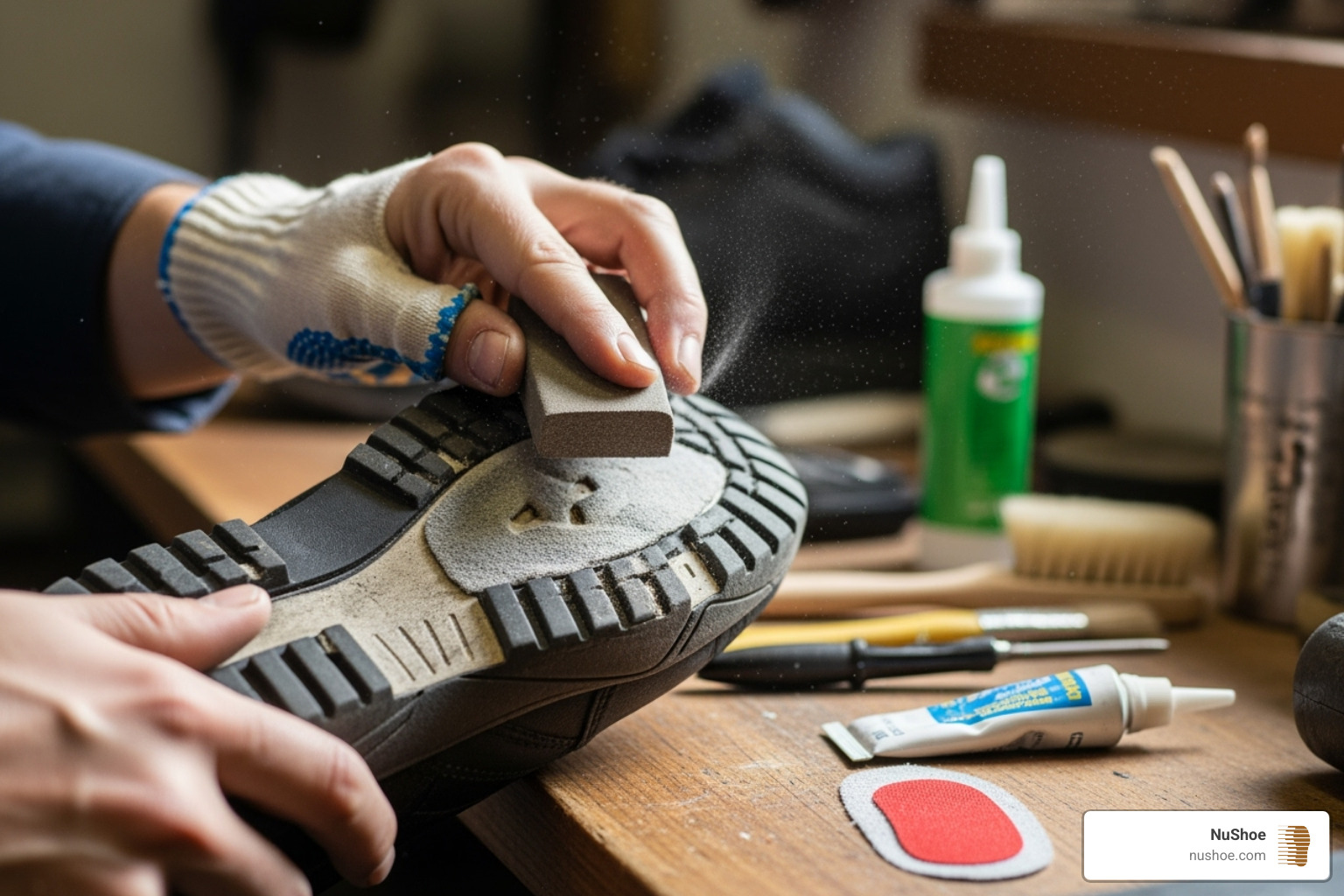 shoe sole being cleaned and sanded before patch application - shoe sole patch kit