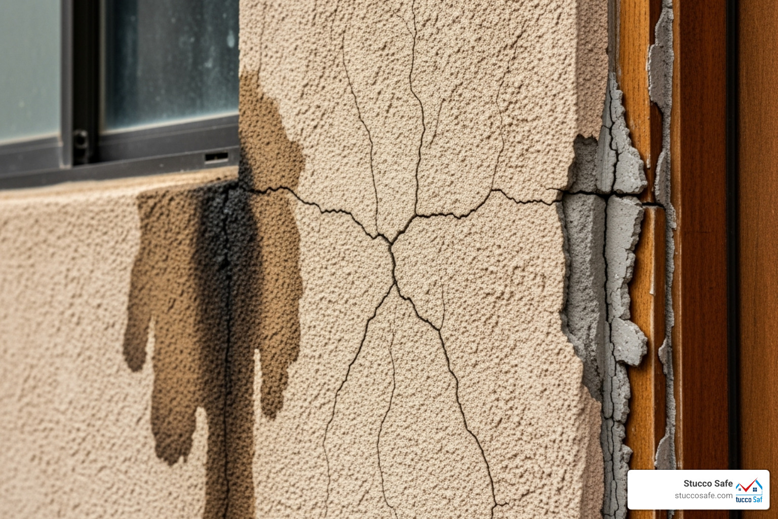 Image depicting various types of stucco damage, including spiderweb cracking, dark moisture stains below a window, and deteriorated caulk around a door frame - stucco inspection report
