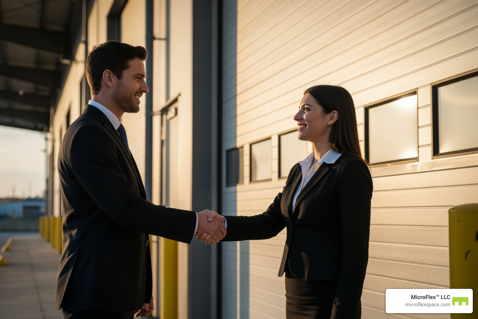 two people shaking hands in front of a "Leased" sign on a warehouse door - industrial warehouses for rent near me two people shaking hands in front of a "Leased" sign on a warehouse door - industrial warehouses for rent near me