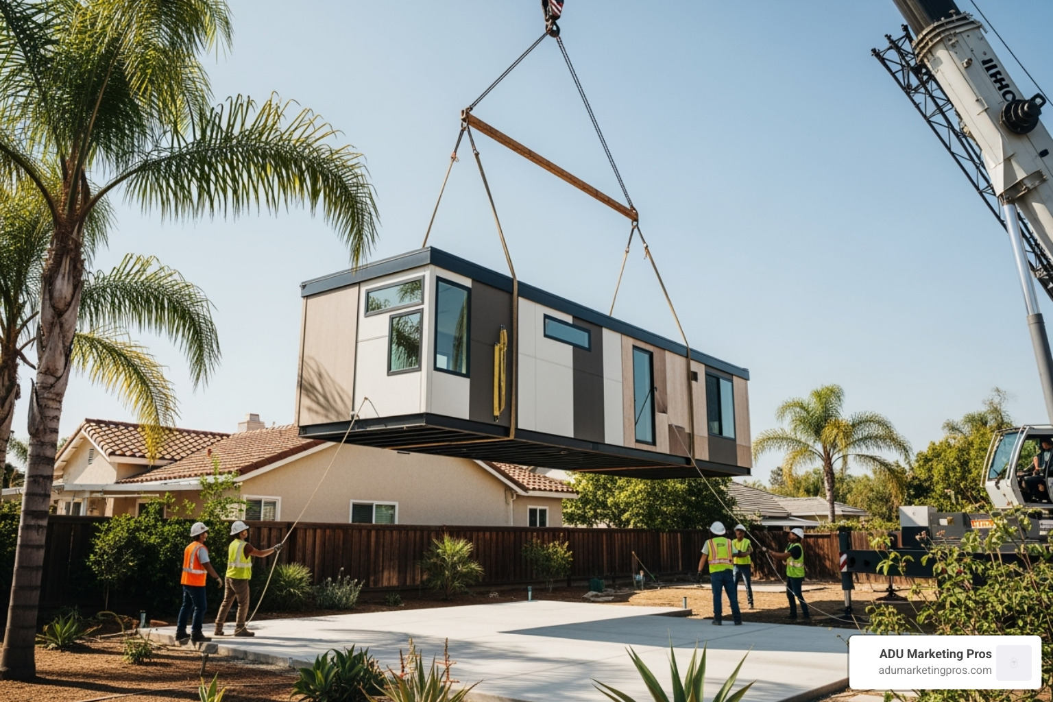 A large prefabricated ADU module being carefully craned into a Southern California backyard, hovering over the prepared foundation - Southern California ADU