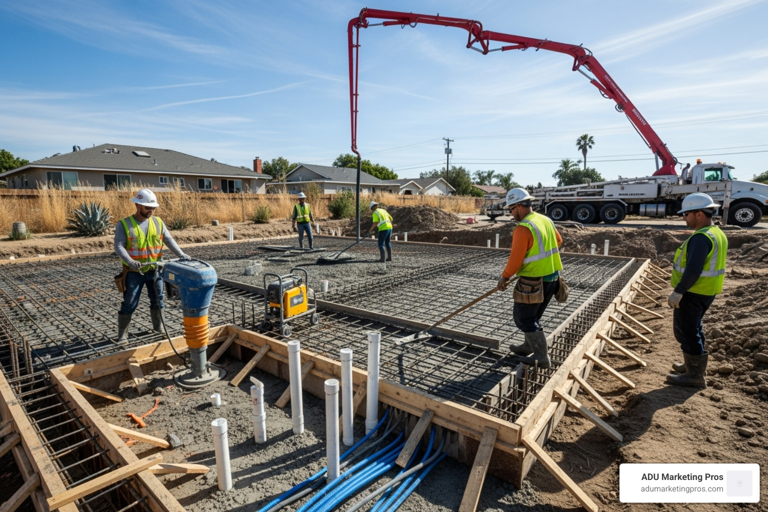 ADU construction site showing the foundation being poured and utility hookups in place, with construction workers on site - Southern California ADU