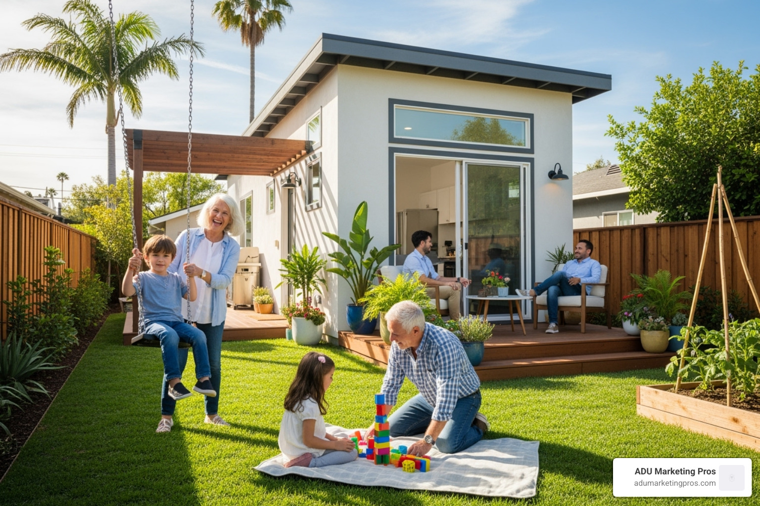 A multi-generational family enjoying their new backyard ADU, with grandparents and children playing together on a sunny day - Southern California ADU