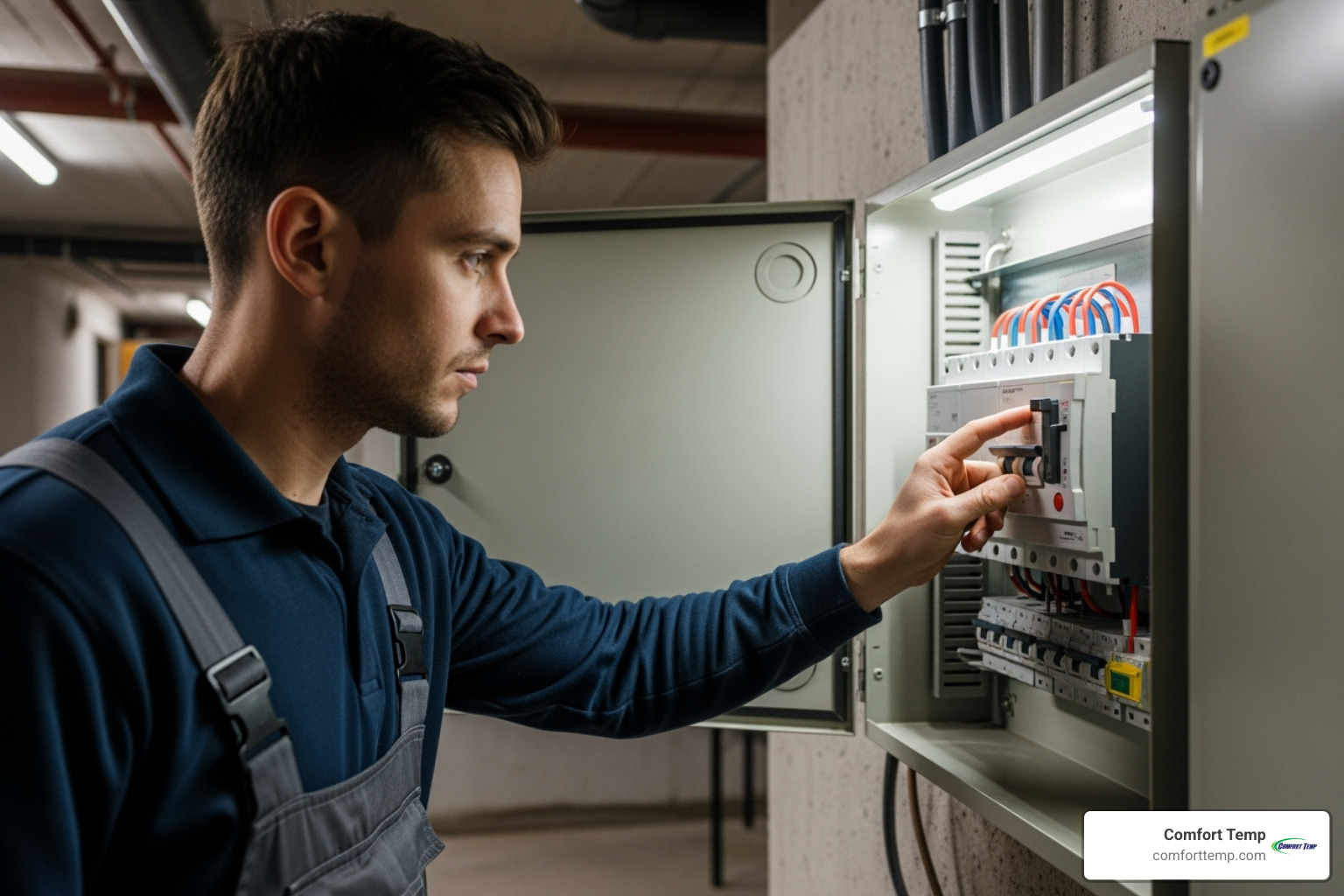 Image of a person safely turning off the power to their HVAC unit at the circuit breaker - emergency hvac repair Image of a person safely turning off the power to their HVAC unit at the circuit breaker - emergency hvac repair