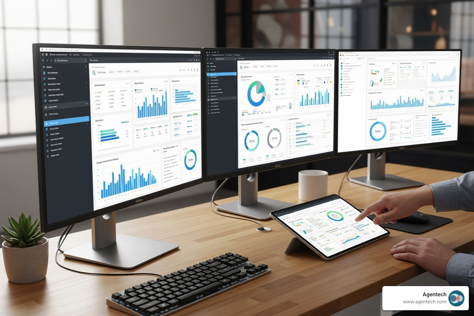 A desk with an organized digital setup, multiple monitors displaying data dashboards, and a human hand interacting with a tablet, contrasting a previous cluttered, paper-filled environment implied by the efficiency gains. - ai underwriting