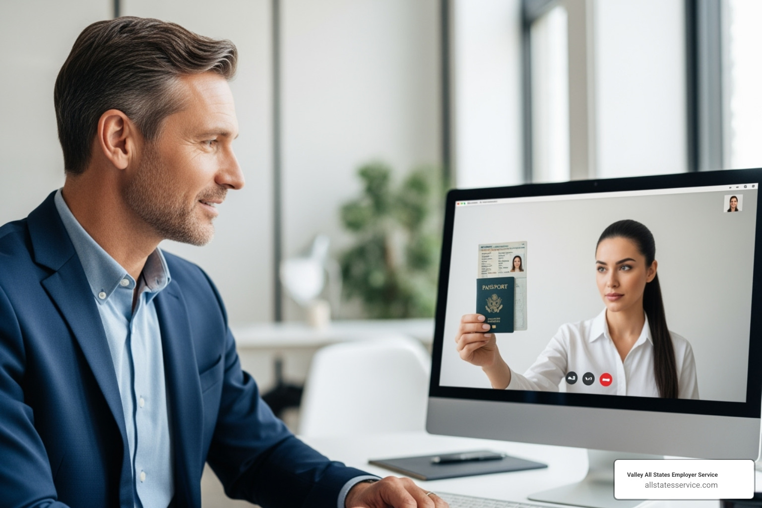 HR manager on video call with a new hire holding up their passport - I-9 remote verification Maryland