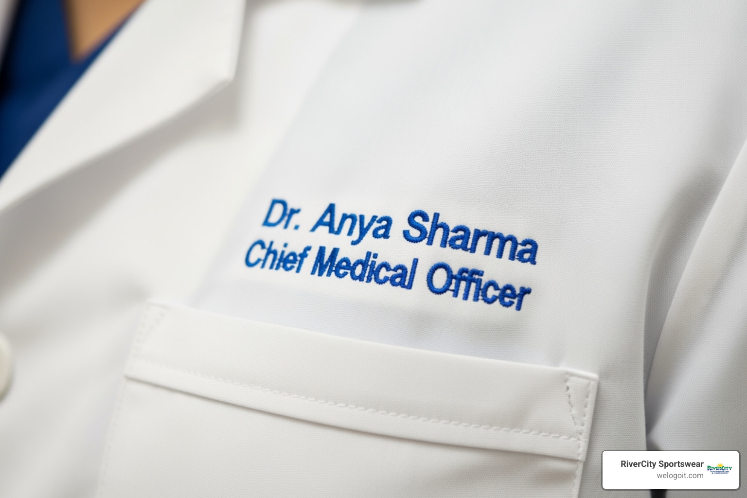 close-up on high-quality name and title embroidery on a lab coat pocket - embroidered lab jacket