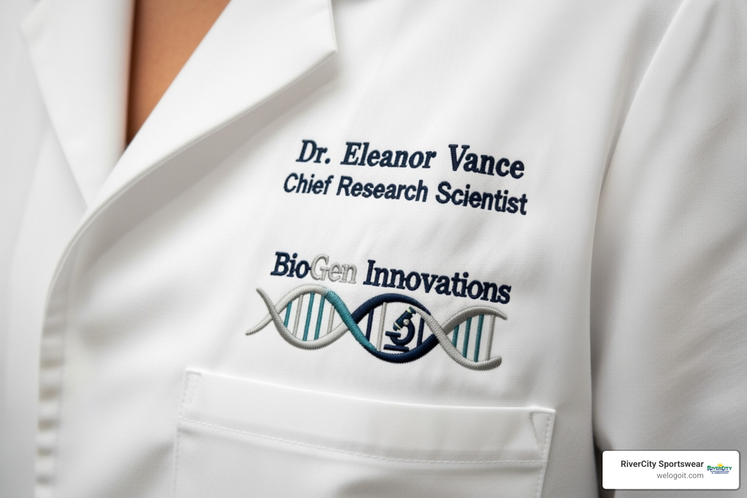 examples of different embroidery types: one with text (name/title) and one with a complex company logo - embroidered lab jacket