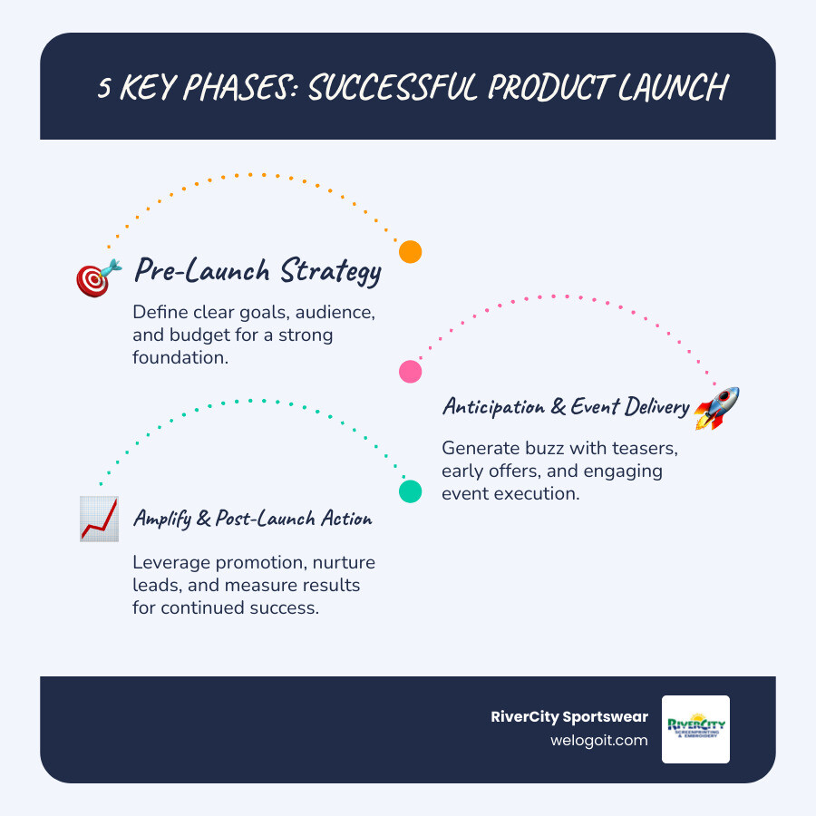 Infographic showing the 5 key phases of a successful product launch event: Phase 1 - Pre-Launch Planning (define goals, identify audience, set budget and KPIs), Phase 2 - Building Anticipation (create compelling event page, offer early-bird discounts, generate excitement with video content), Phase 3 - Event Execution (choose format - in-person, virtual, or hybrid - and deliver engaging experiences with demos, speakers, and networking), Phase 4 - Amplification (leverage social media, influencer partnerships, retargeting ads, and traditional marketing with QR codes), Phase 5 - Post-Launch Follow-Up (send thank you emails, collect feedback through surveys, nurture leads, and measure ROI against KPIs) - promotional event for new products infographic infographic-line-3-steps-blues-accent_colors