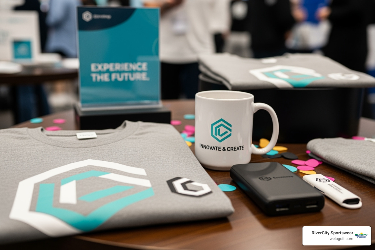 Unique branded merchandise on display at an event - promotional event for new products