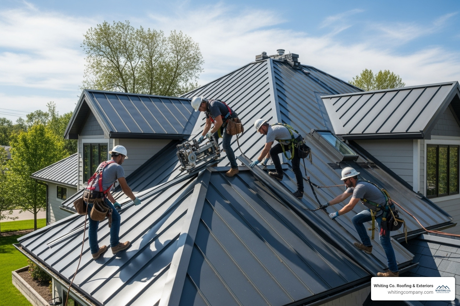 roofing team installing a standing seam metal roof - residential metal roof contractors