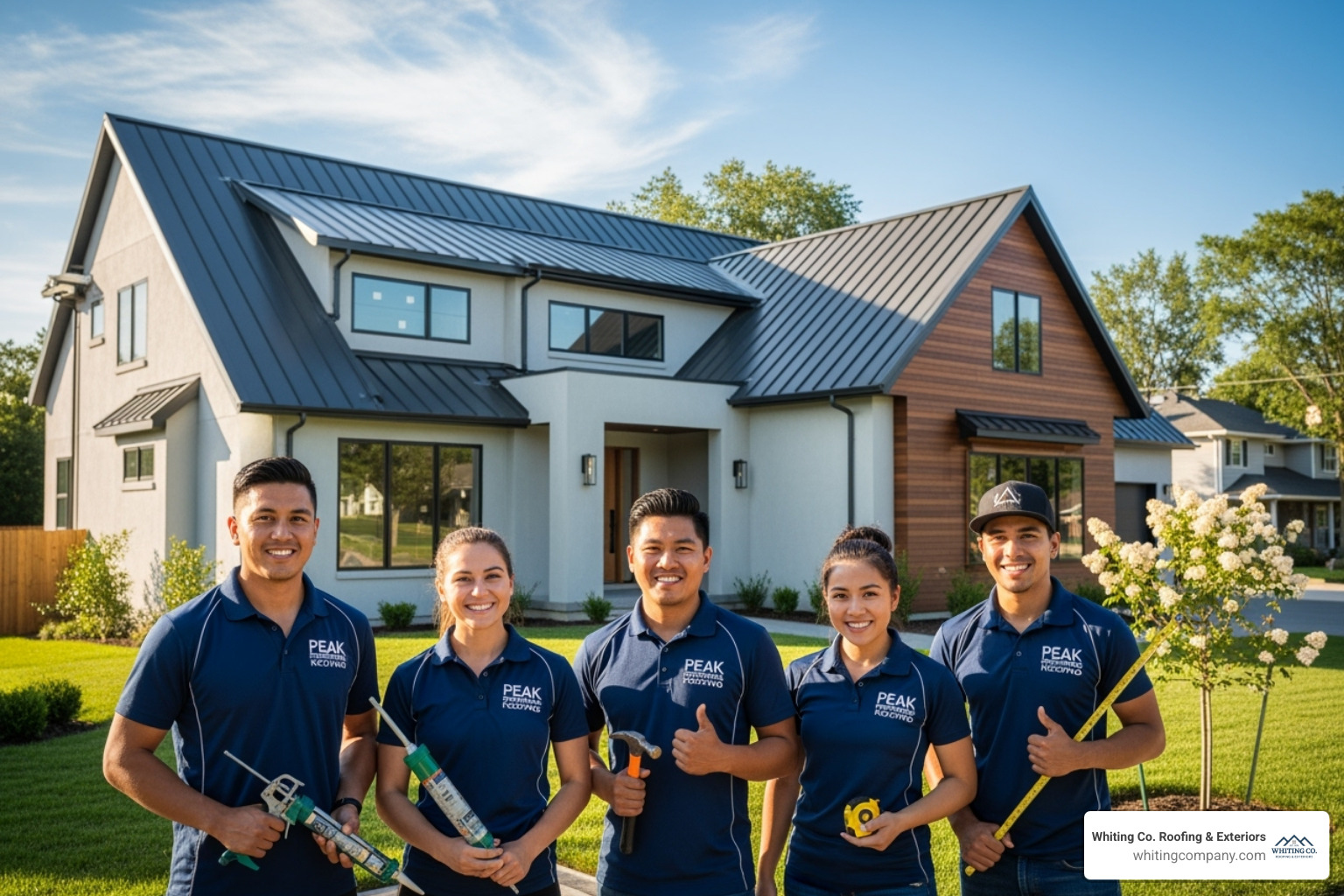 Whiting Co. team in front of a completed roofing project in Maryland - residential metal roof contractors