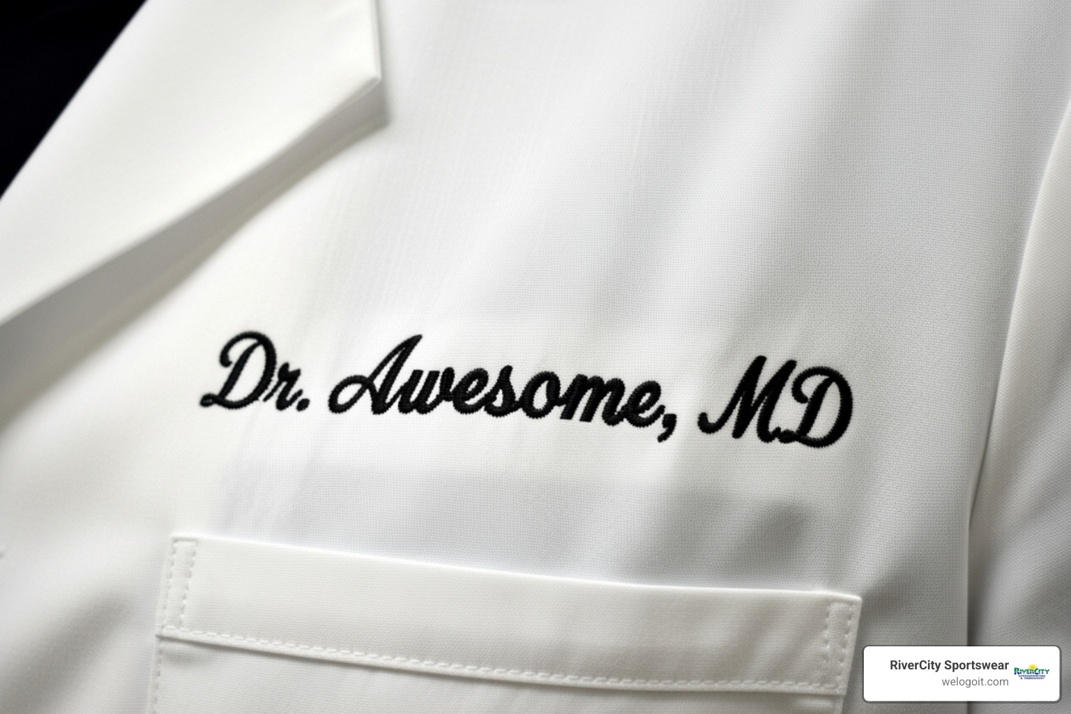 Image showing a "what not to do" example for white coat embroidery, with a very scripty font, an unprofessional title like "Dr. Awesome", and unearned credentials like "MD" on a student's coat - medical student white coat embroidery