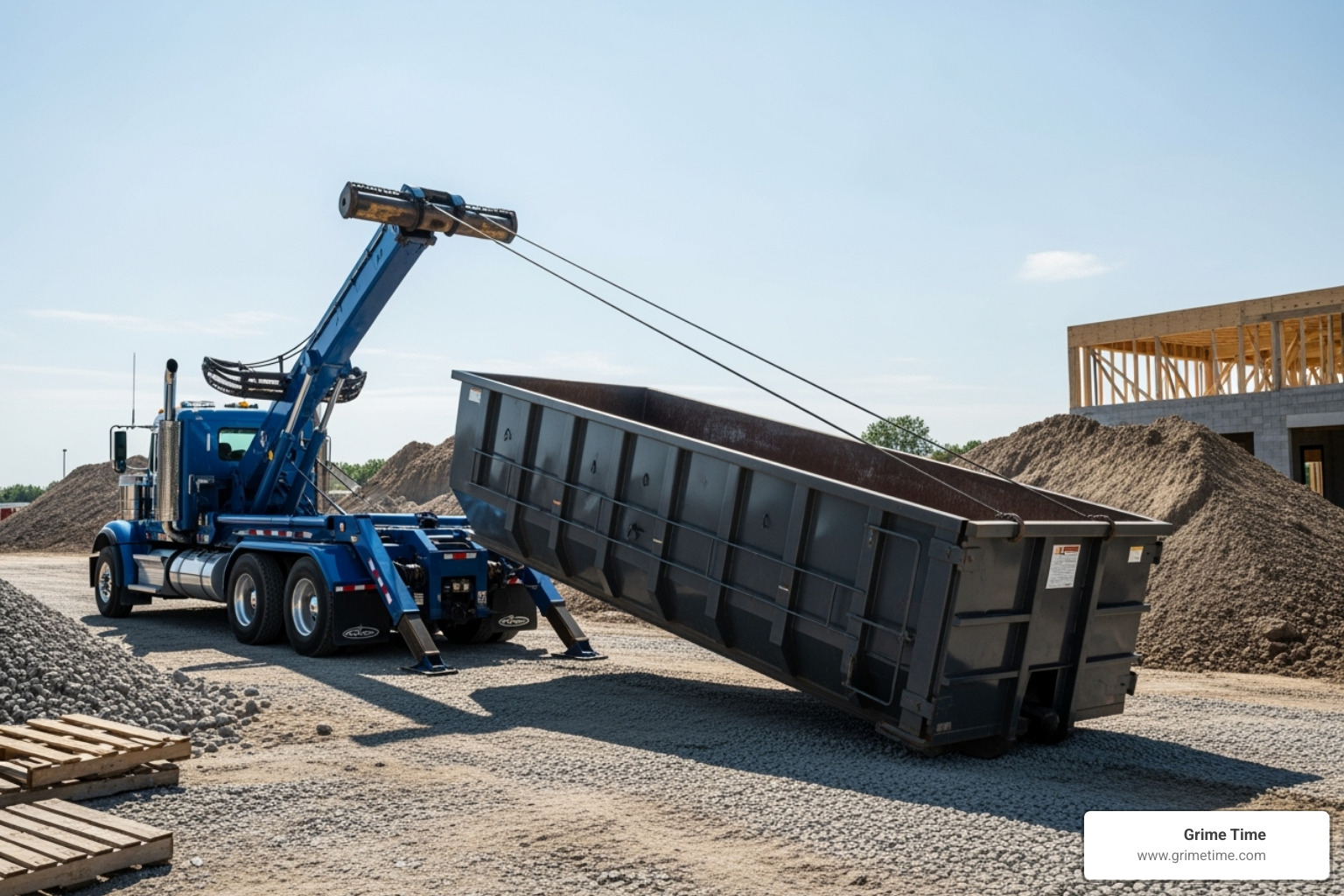 showing a roll-off dumpster being delivered by a truck - portable dumpsters for rent
