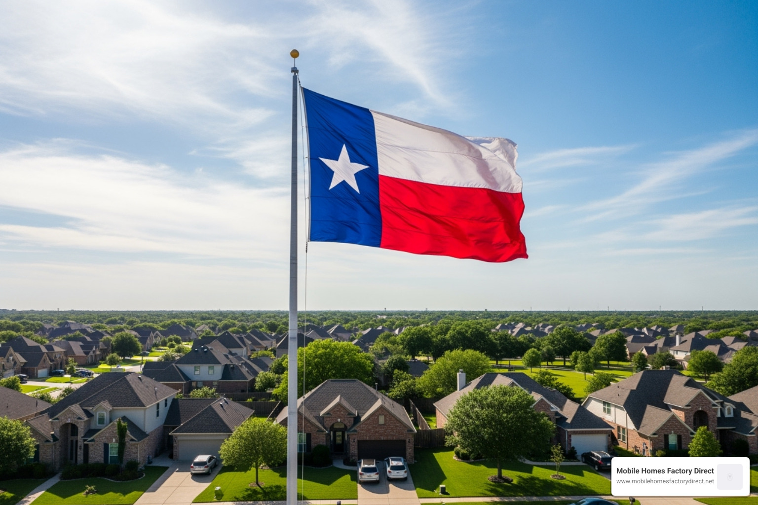 Texas state flag waving over a residential neighborhood - Bad credit homes Texas Texas state flag waving over a residential neighborhood - Bad credit homes Texas