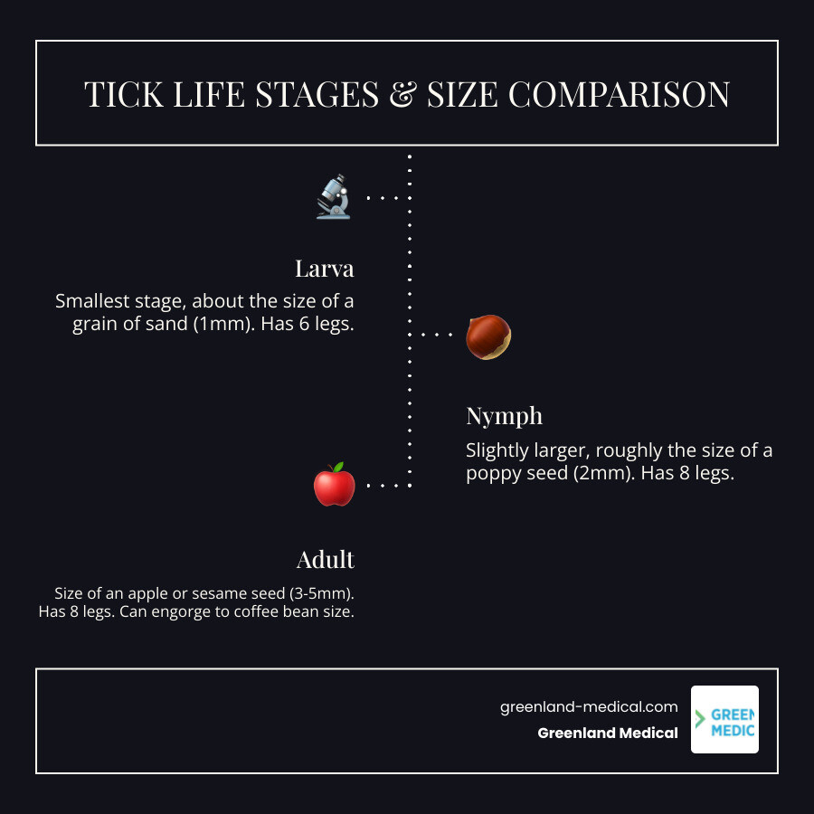 Infographic showing tick life stages with size comparisons: larva next to a grain of sand (1mm), nymph next to a poppy seed (2mm), and adult tick next to an apple seed or sesame seed (3-5mm), with illustrations of each stage showing 6 legs for larvae and 8 legs for nymphs and adults - what does a tick look like infographic infographic-line-3-steps-dark Infographic showing tick life stages with size comparisons: larva next to a grain of sand (1mm), nymph next to a poppy seed (2mm), and adult tick next to an apple seed or sesame seed (3-5mm), with illustrations of each stage showing 6 legs for larvae and 8 legs for nymphs and adults - what does a tick look like infographic infographic-line-3-steps-dark
