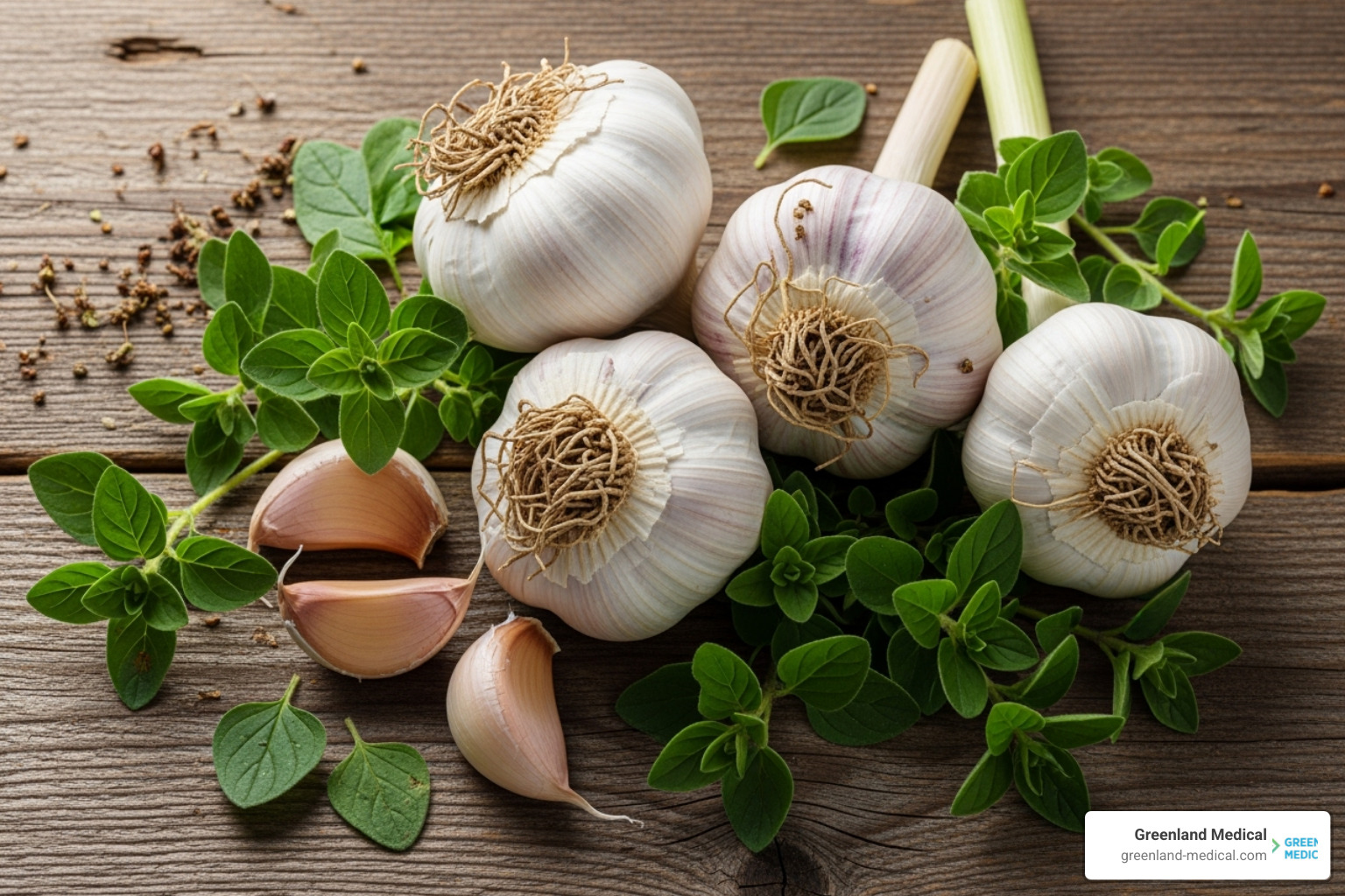 Garlic bulbs and oregano leaves - lyme disease herbal treatment
