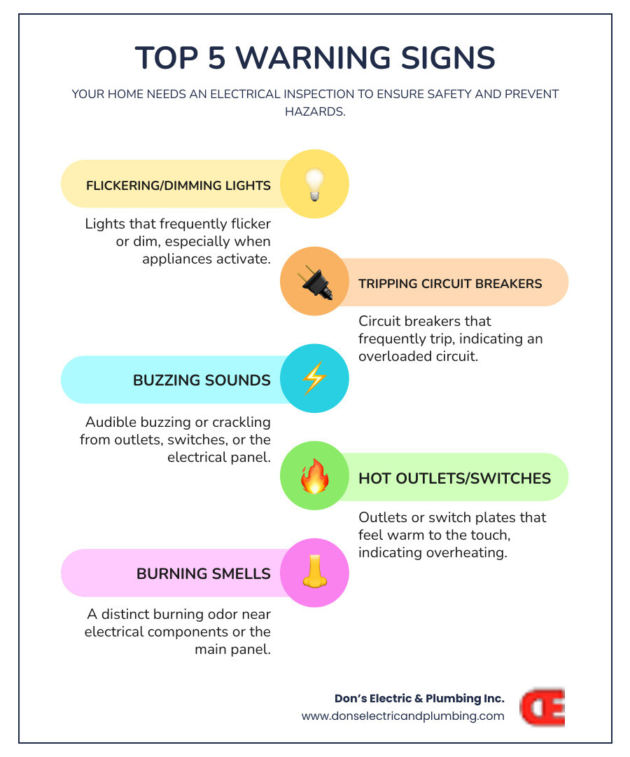 Infographic showing the top 5 warning signs your home needs an electrical inspection: flickering or dimming lights, frequently tripping circuit breakers, buzzing sounds from outlets or switches, outlets or switches that feel warm to the touch, and burning smells near electrical components or the panel - affordable electrical repair gloversville infographic infographic-line-5-steps-colors Infographic showing the top 5 warning signs your home needs an electrical inspection: flickering or dimming lights, frequently tripping circuit breakers, buzzing sounds from outlets or switches, outlets or switches that feel warm to the touch, and burning smells near electrical components or the panel - affordable electrical repair gloversville infographic infographic-line-5-steps-colors