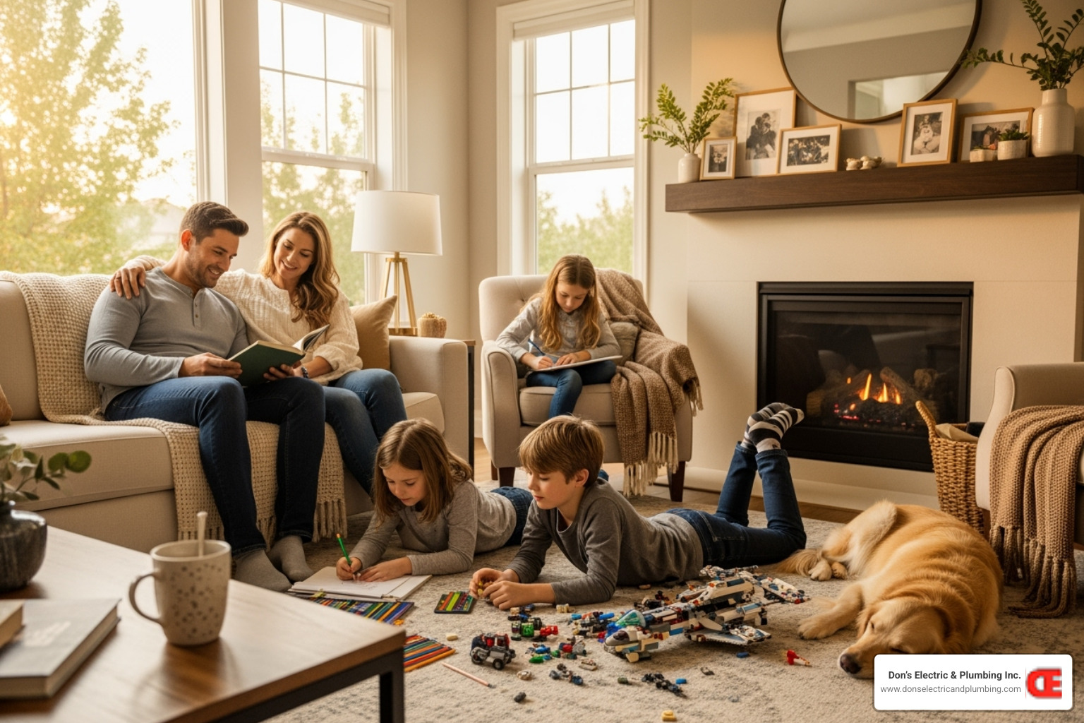 A family relaxing comfortably in a well-lit home - affordable electrical repair gloversville A family relaxing comfortably in a well-lit home - affordable electrical repair gloversville