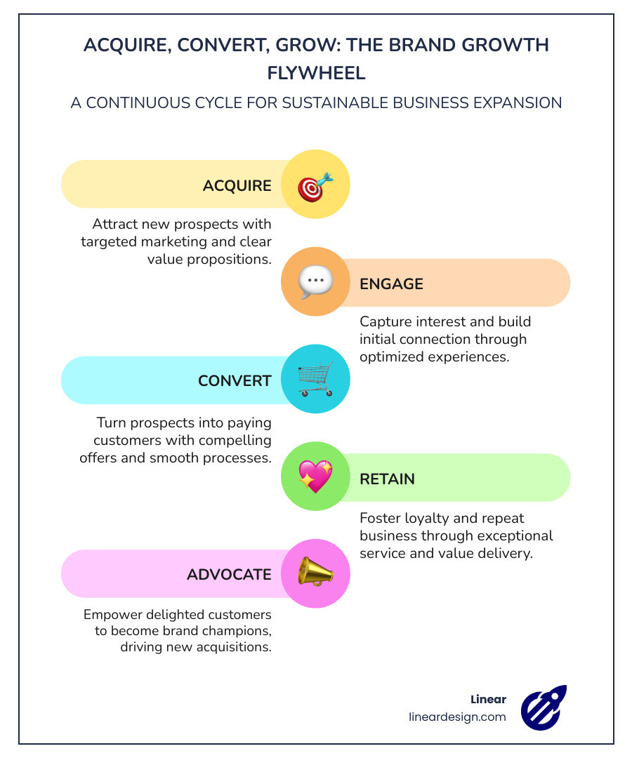 Infographic showing the Acquire, Convert, Grow flywheel: Acquire brings new customers through targeted marketing and clear value propositions; Convert transforms prospects into buyers through optimized experiences and compelling offers; Grow builds loyalty through exceptional service and data-driven improvements, feeding back into acquisition through advocacy and referrals - brand growth solutions infographic infographic-line-5-steps-colors