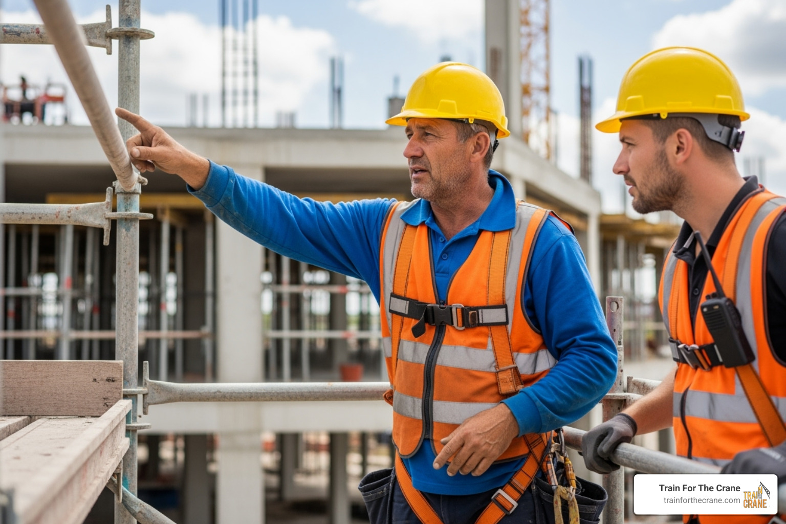 A person in a hard hat and safety vest pointing out a potential hazard on a scaffold to another worker - competent person certificate