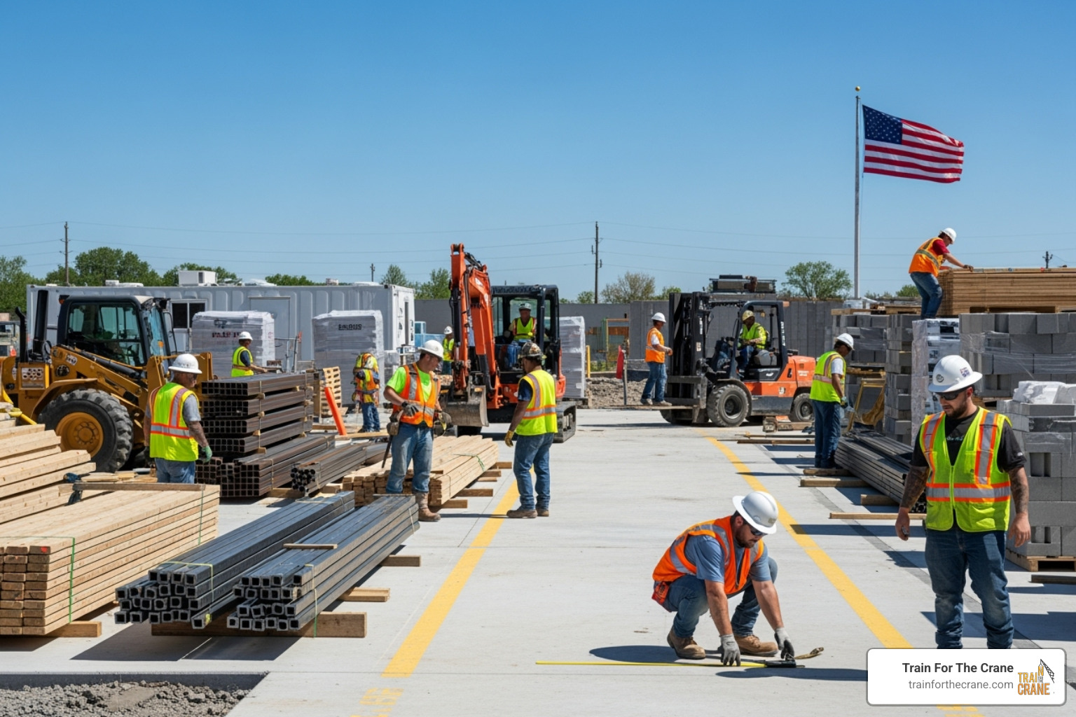 A safe and organized construction site with clearly marked pathways, properly stored materials, and workers wearing appropriate PPE - competent person certificate