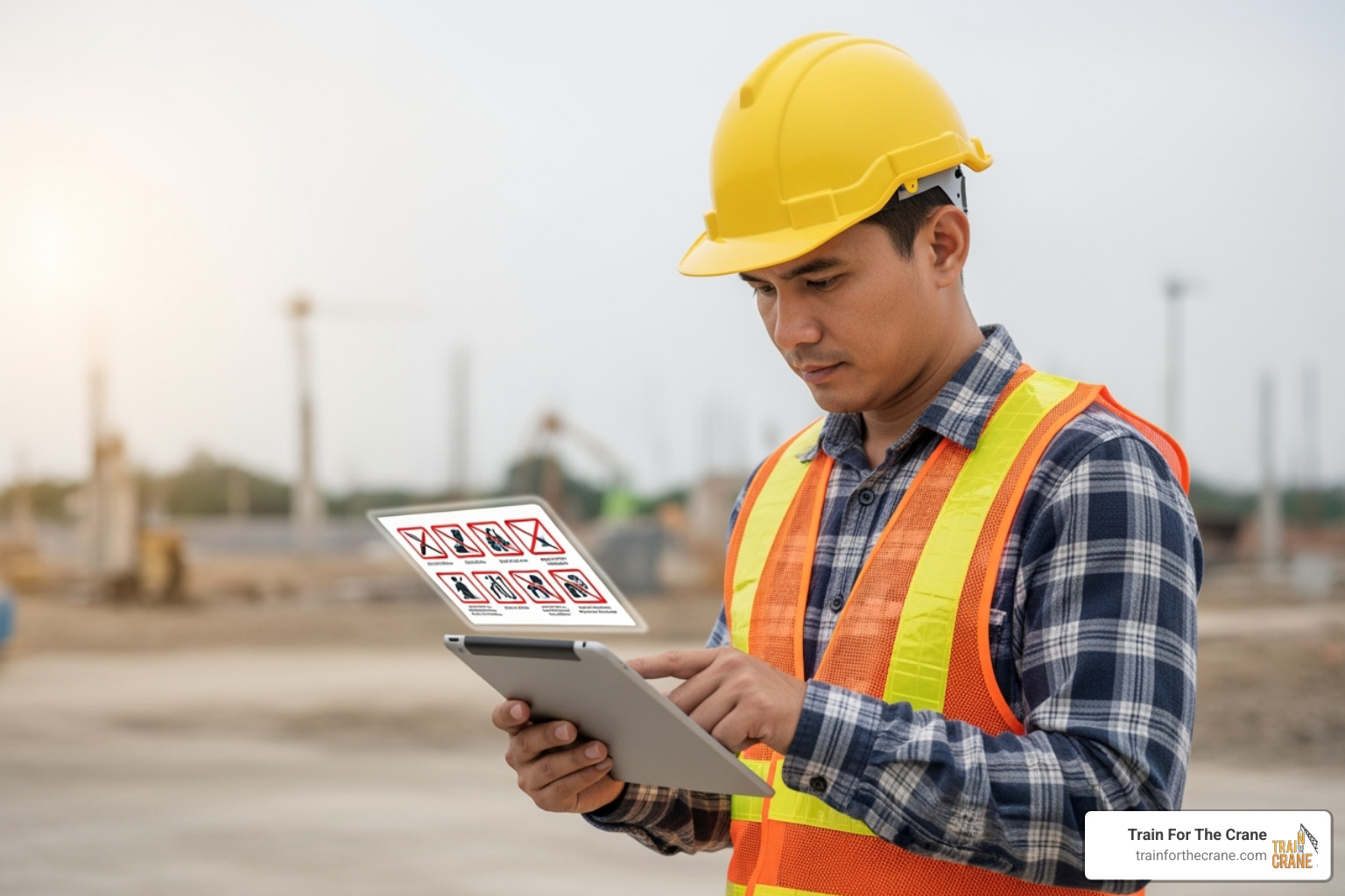 A person in a hard hat and safety vest reviewing safety regulations on a tablet at a construction site, with a focus on digital documentation and updates. - competent person certificate