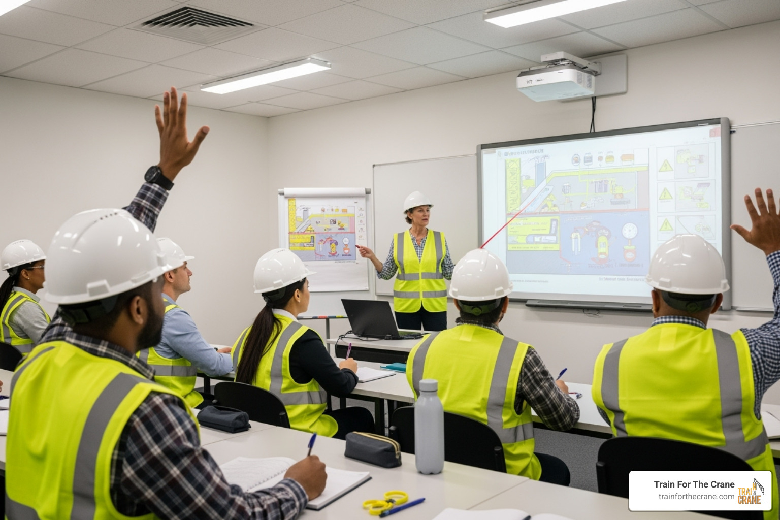 A diverse group of individuals in a classroom setting, wearing safety vests and hard hats, actively engaged in a workplace safety training session. An instructor is at the front, pointing to a diagram. - competent person certificate