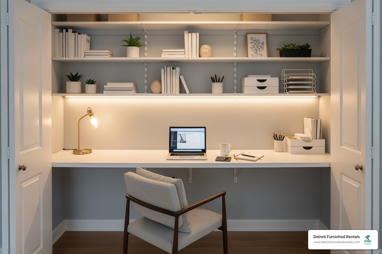 Creative "cloffice" setup with shelves, lighting, and a small desk - Work from home apartment