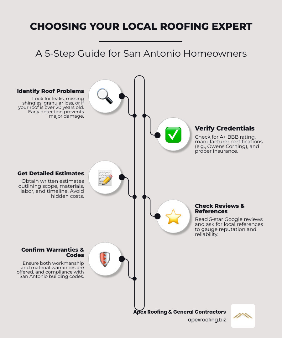 Infographic showing the decision-making process for hiring a local roofing expert: Step 1 - Identify roof problems (leaks, missing shingles, age over 20 years); Step 2 - Verify contractor credentials (BBB rating, insurance, certifications); Step 3 - Get detailed written estimates; Step 4 - Check local reviews and references; Step 5 - Confirm warranties and building code compliance - local roofing expert infographic infographic-line-5-steps-elegant_beige Infographic showing the decision-making process for hiring a local roofing expert: Step 1 - Identify roof problems (leaks, missing shingles, age over 20 years); Step 2 - Verify contractor credentials (BBB rating, insurance, certifications); Step 3 - Get detailed written estimates; Step 4 - Check local reviews and references; Step 5 - Confirm warranties and building code compliance - local roofing expert infographic infographic-line-5-steps-elegant_beige