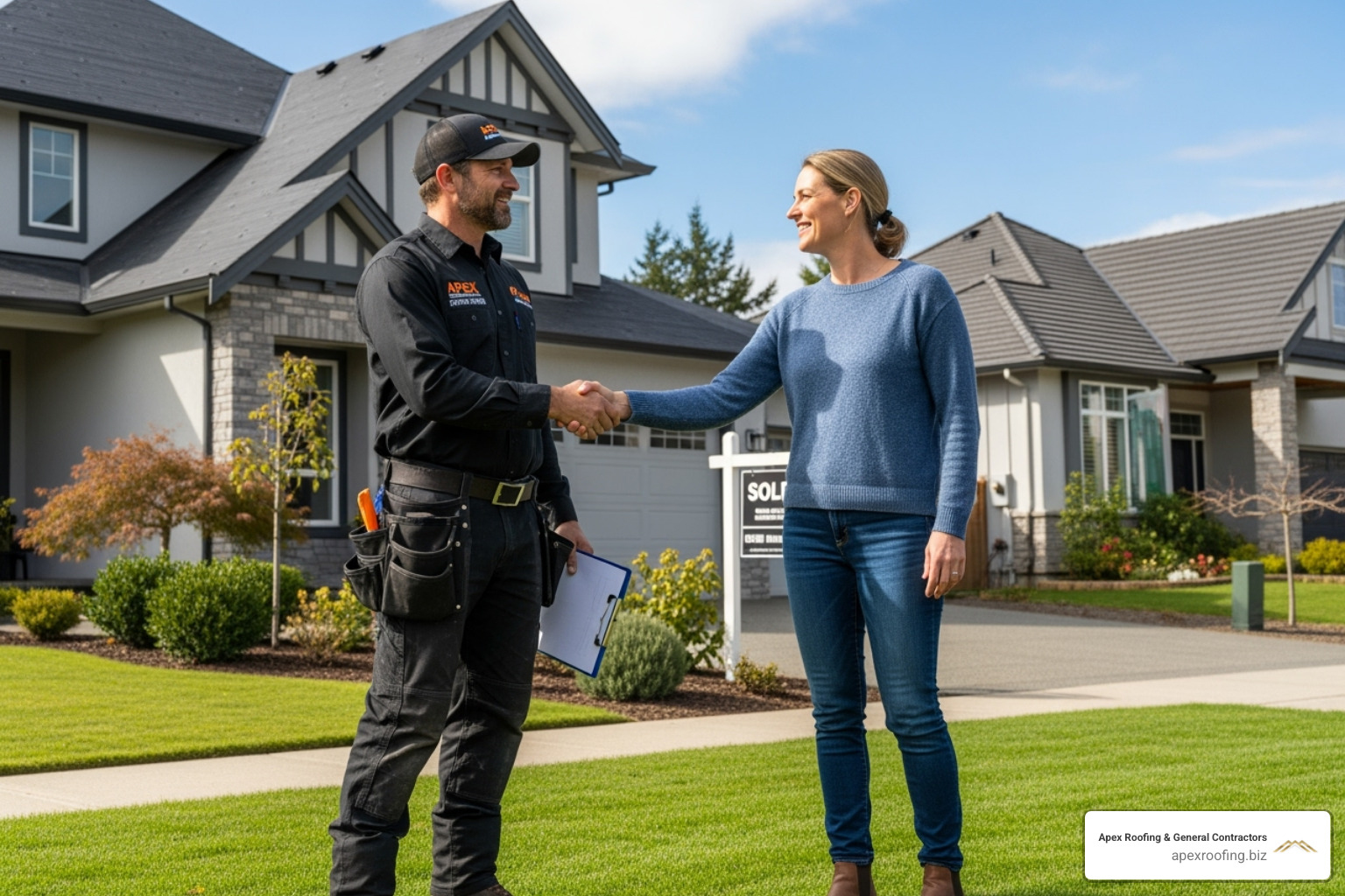 roofing contractor shaking hands with homeowner - local roofing expert roofing contractor shaking hands with homeowner - local roofing expert