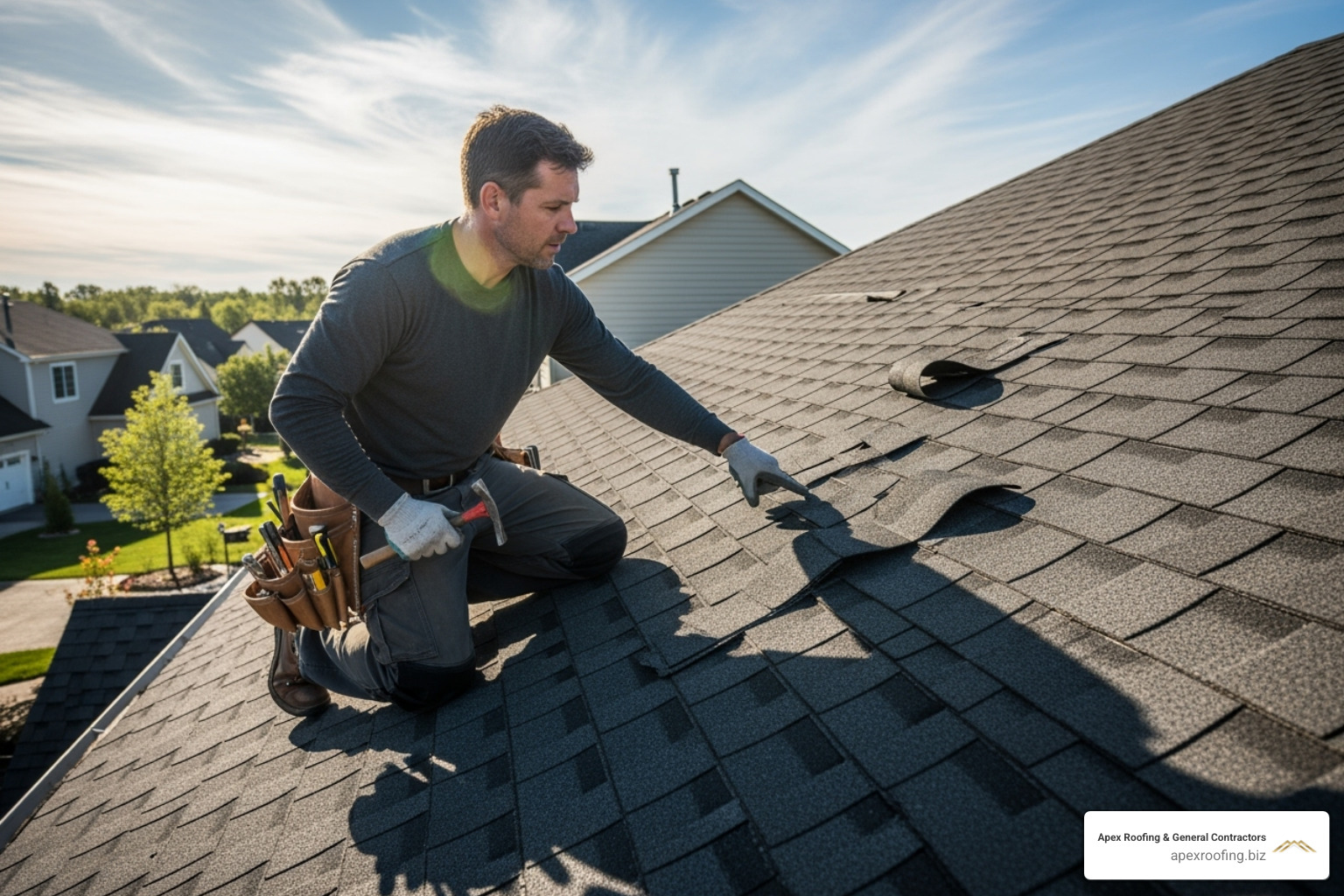 roofer inspecting damaged shingle - local roofing expert roofer inspecting damaged shingle - local roofing expert