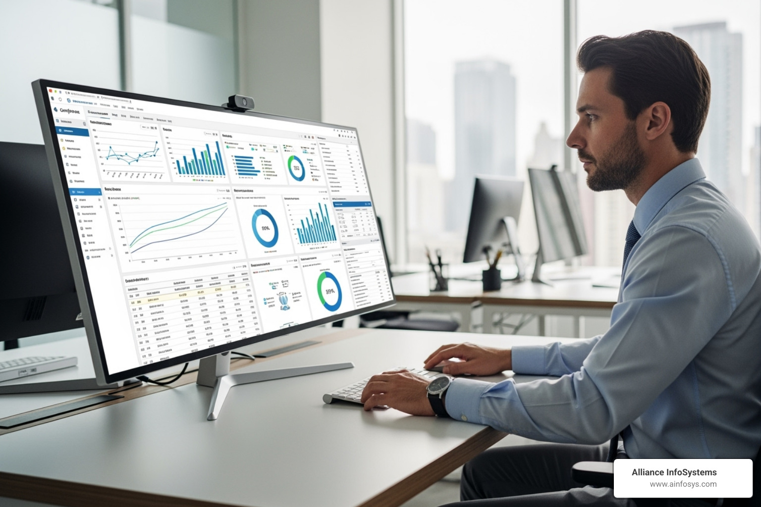 Compliance officer using a software dashboard on a large monitor - Compliance for healthcare Compliance officer using a software dashboard on a large monitor - Compliance for healthcare