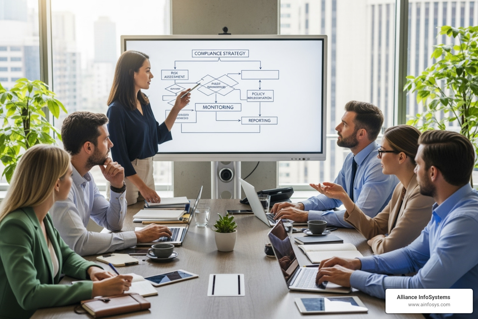 Diverse team in a meeting discussing a compliance strategy flowchart - Compliance for healthcare Diverse team in a meeting discussing a compliance strategy flowchart - Compliance for healthcare