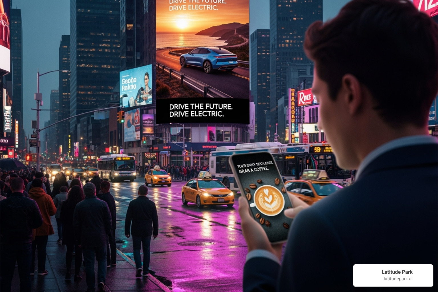 Image illustrating the difference between a billboard and a mobile ad - digital advertising Image illustrating the difference between a billboard and a mobile ad - digital advertising